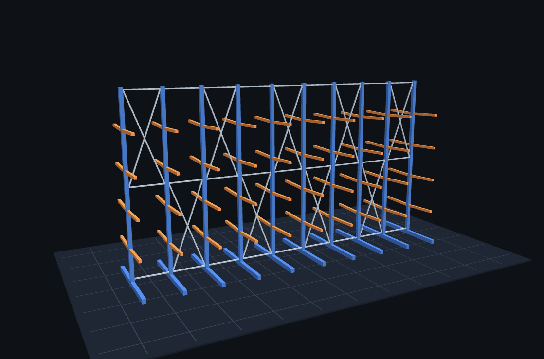 Vue 3D d'un rayonnage cantilever modélisé par ASTO